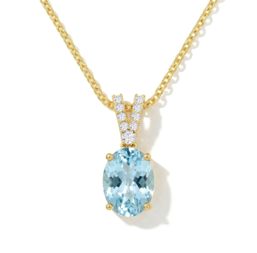 Aquamarine Pendant Necklace, Oval Blue Aquamarine & Diamond Accent Necklace