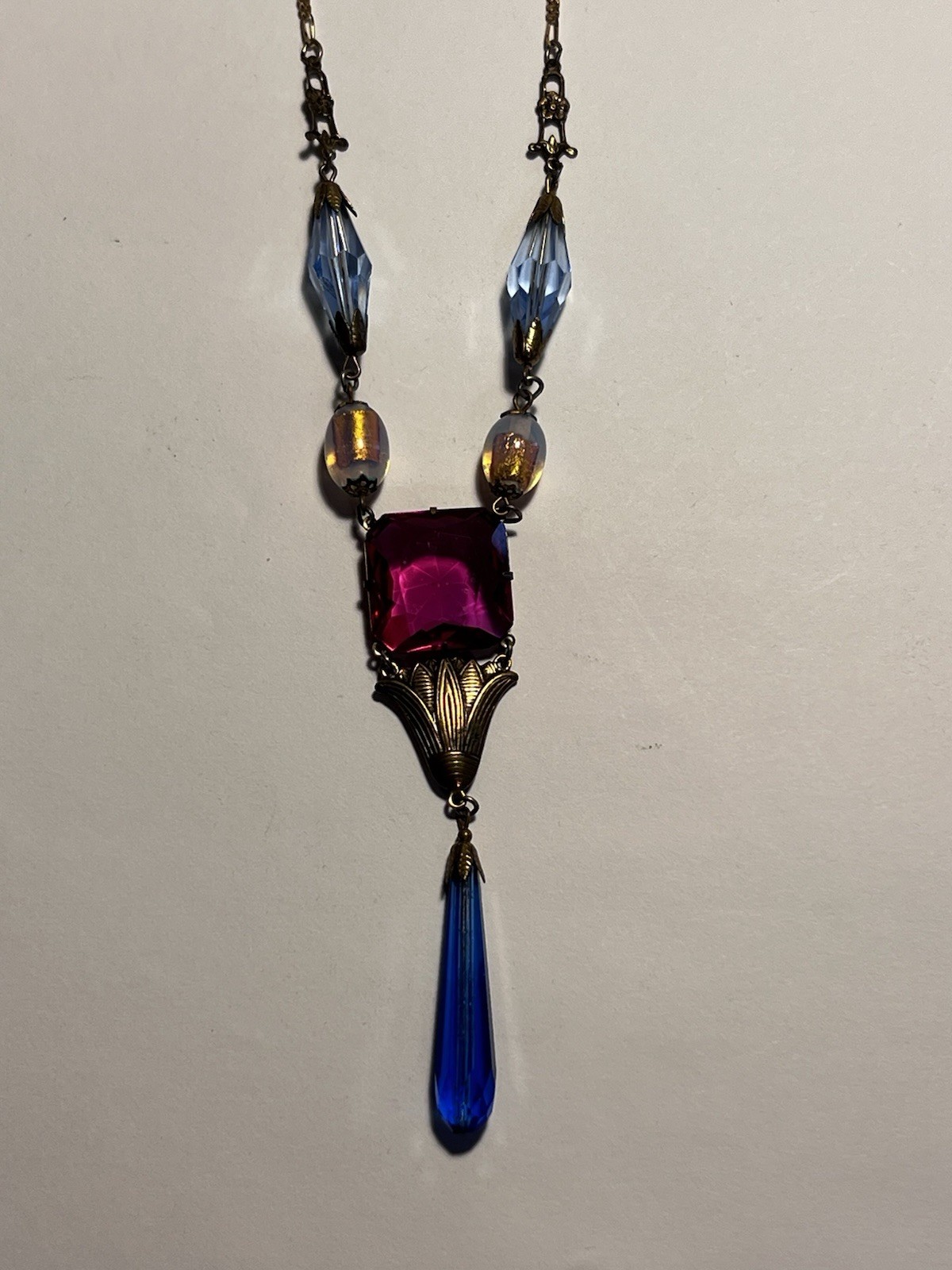 Goldette Signed Gold Plated Cable Necklace Pink Glass Square, Blue Dangle