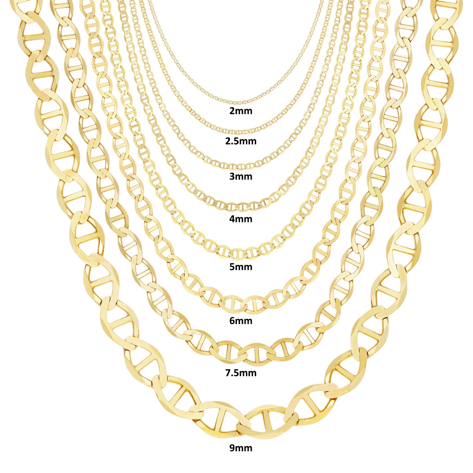 14K Yellow Gold Solid 2mm-7.5mm Mariner Anchor Flat Link Chain Necklace 16″- 30″