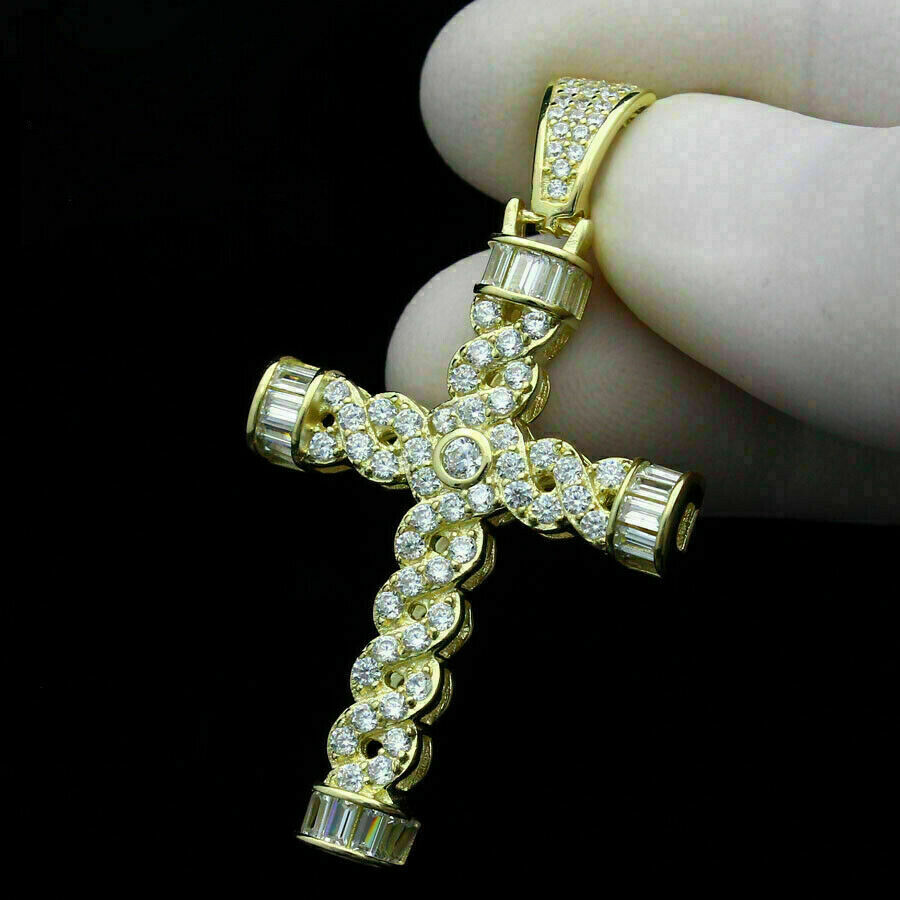 3Ct Round Cut VVS1 Diamond Unique Cross Pendant 14K Yellow Gold Over Free Chain