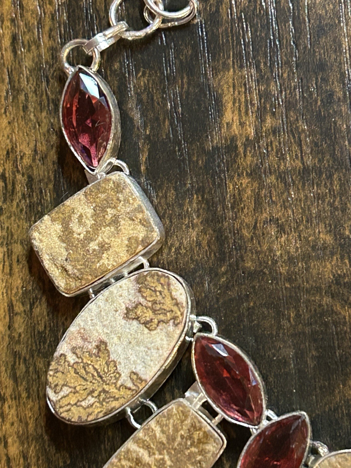 Rough German Dendritic Opal, Garnet Handmade 925 Silver Ethnic Big Necklace