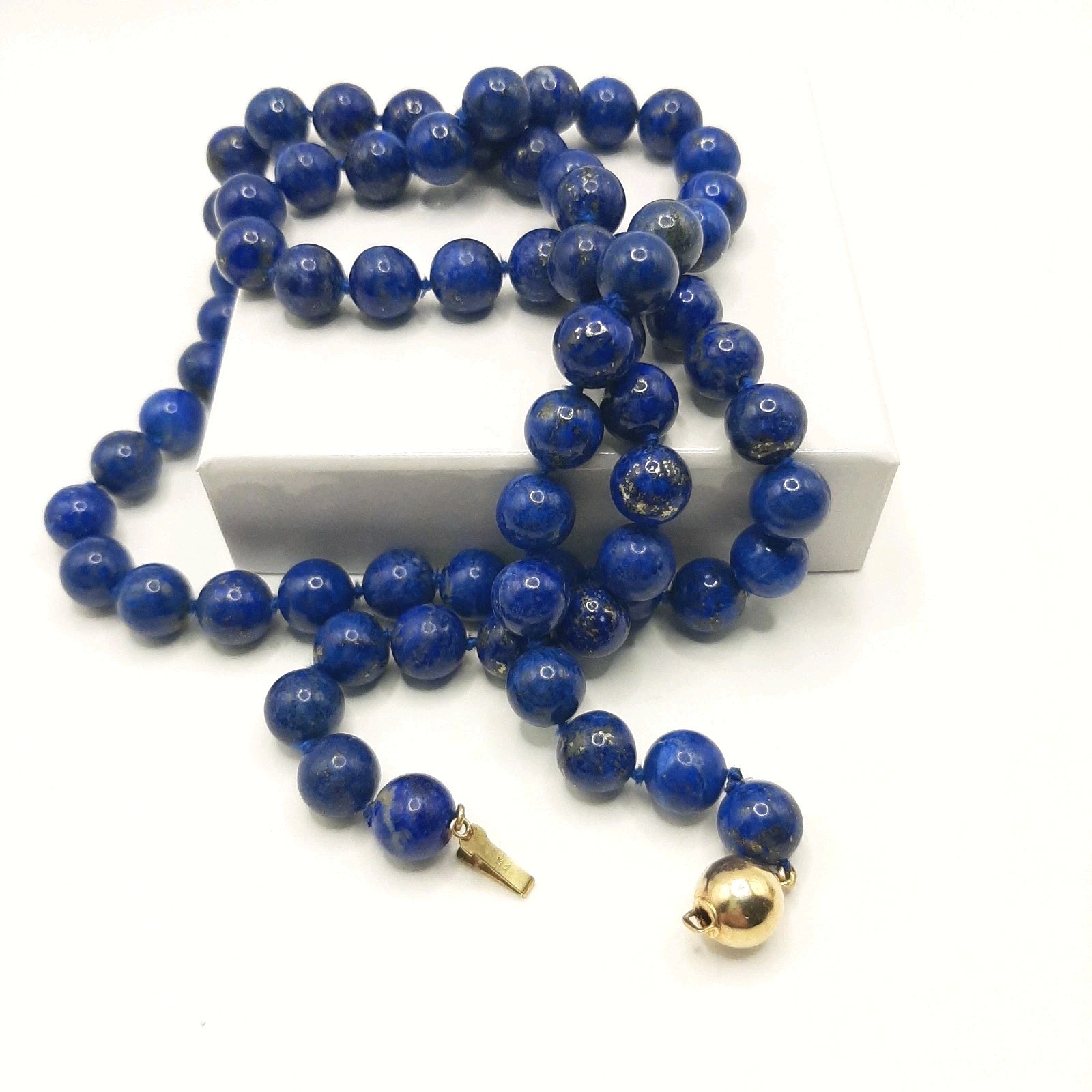 Vintage 30″ Lapis Lazuli Hand-Knotted Necklace 14k Clasp, Deep Blue W/ Pyrite