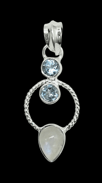 Rainbow Moonstone & Blue Topaz Pendant, Sterling Silver, June and December Birth