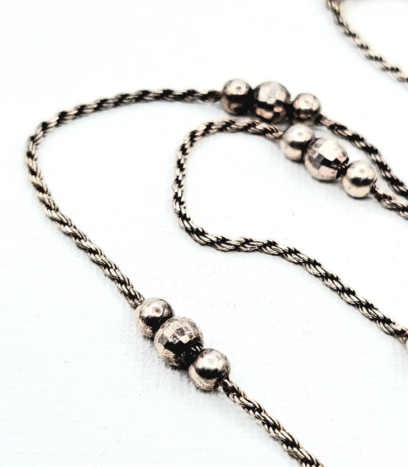 Sterling Silver Faceted & Polished Bead Station Necklace 20″ Textured Rope Chain