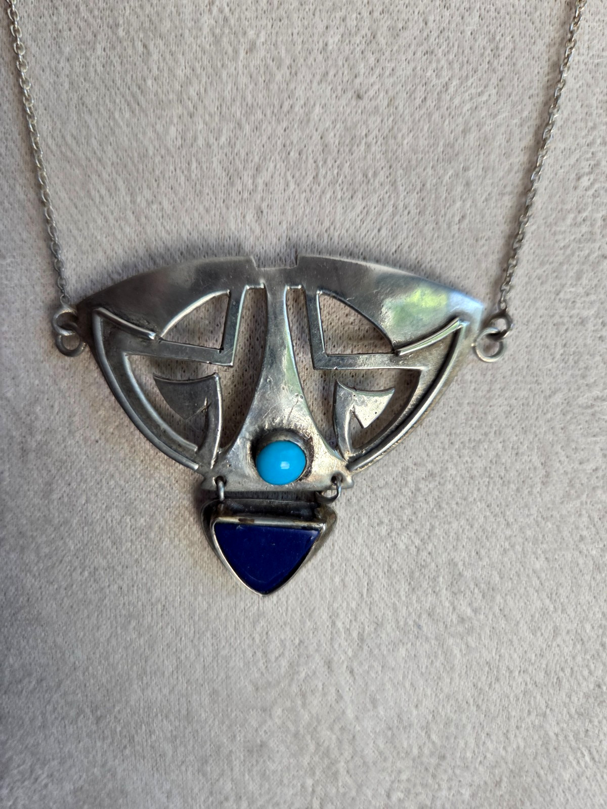 Deco Inspired Sterling Sierling Lapis & Blue Turquoise Station 18″ Vtg Necklace