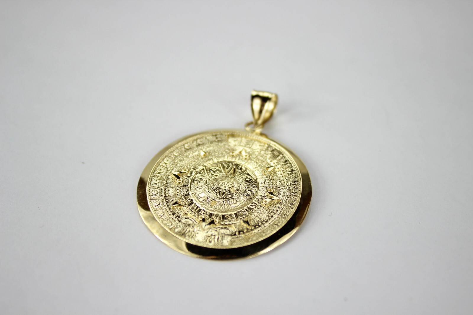 10K Solid Yellow Gold Aztec Mayan Sun Calendar Charm Pendant 3 Sizes