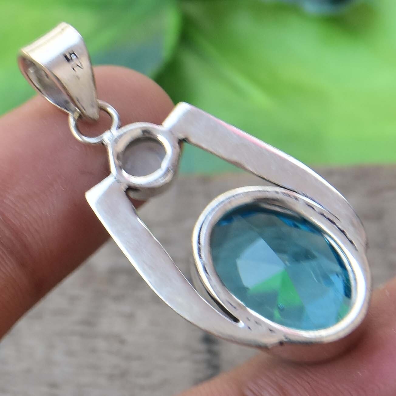 Appealing Swiss Blue Topaz, Moonstone Gemstone 925 Sterling Silver Pendant