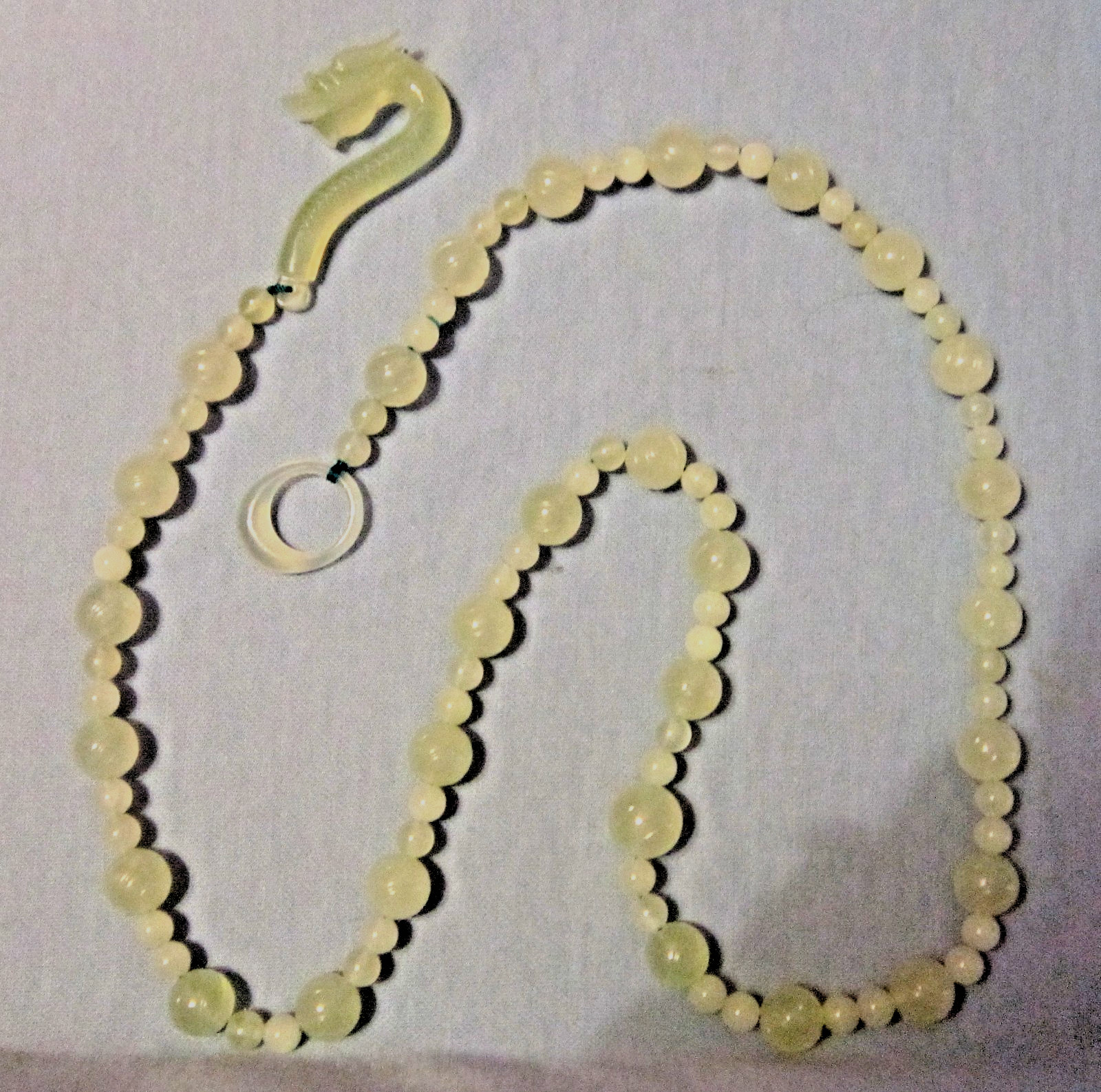Vintage Carved DRAGON HEAD & BEAD Translucent Opaque Green JADE Necklace 30″ +