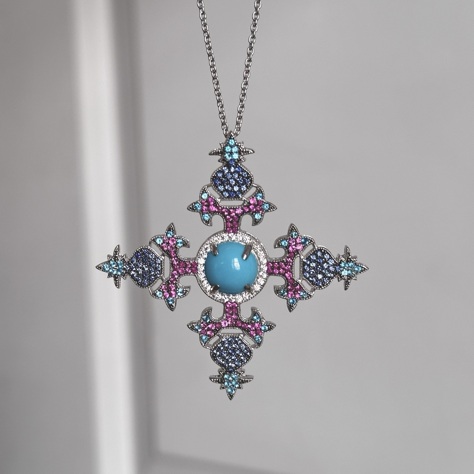 Vintage Art Deco Sleeping Beauty Turquoise Sapphire Cross Pendant 925 Silver