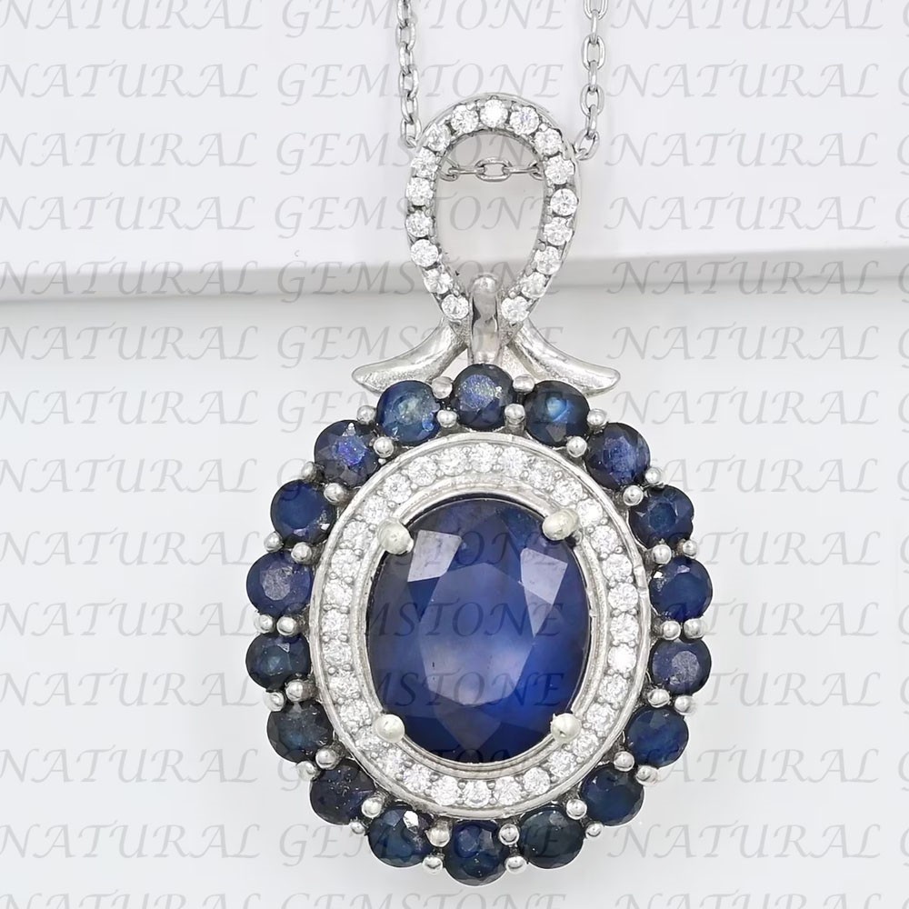 7.00Carat Oval Shape Natural Sapphire and Diamond Pendant 18K White Gold Plated