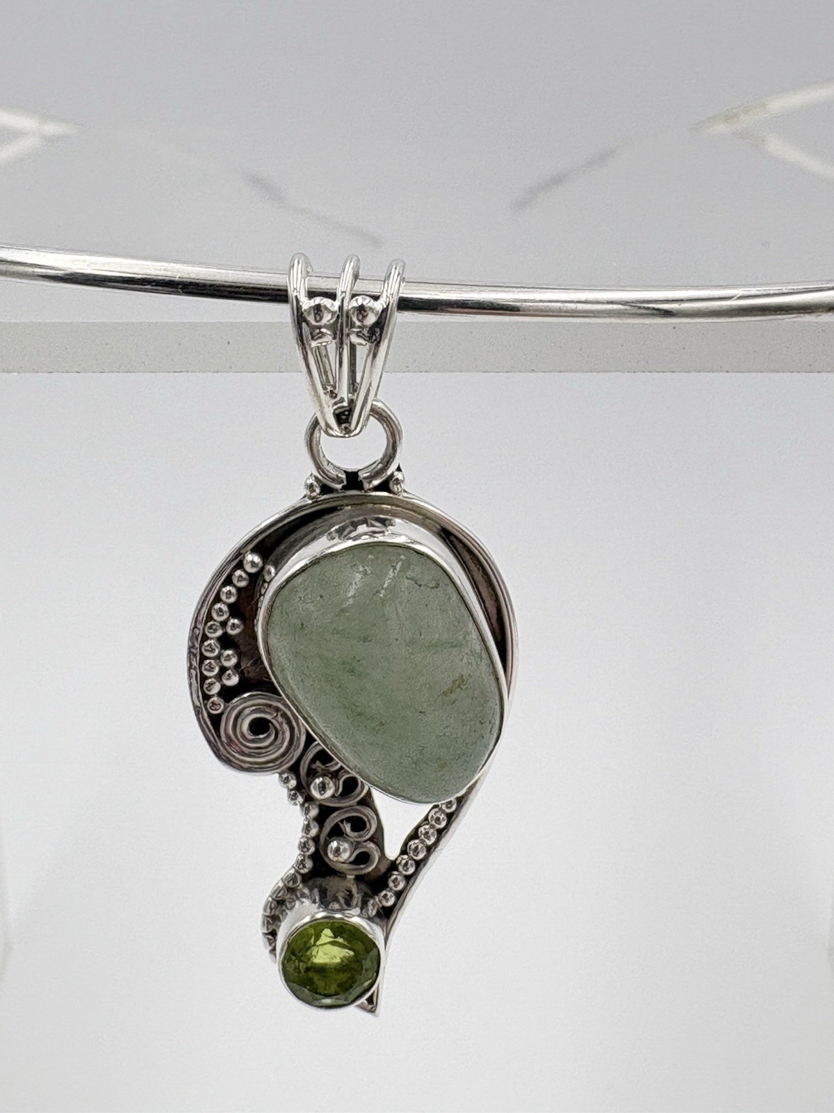 Sterling Silver Genuine Green Aventurine & Peridot Gemstone Bird Pendant 925