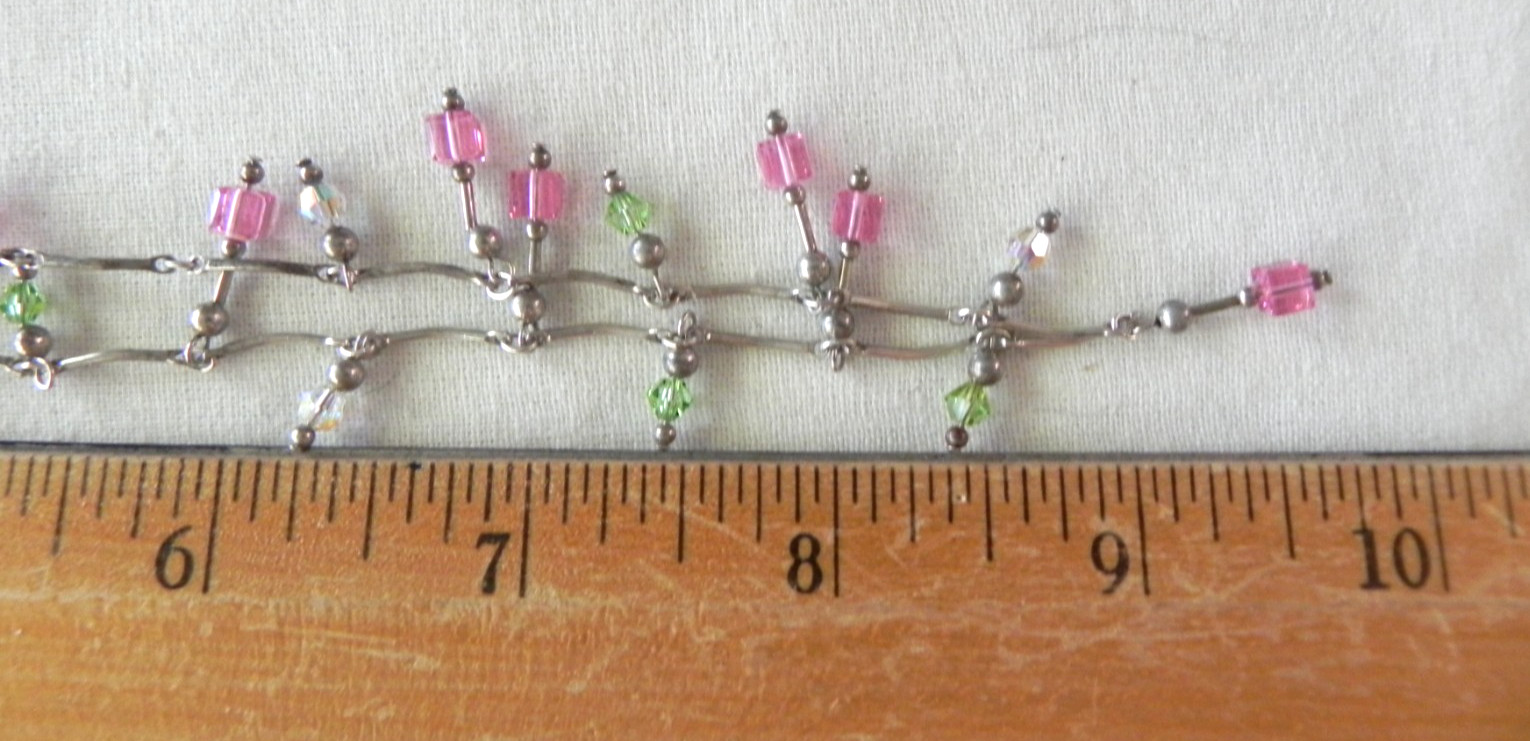 Dainty Sterling Silver Drop Station Necklace Curved Bar Link Pink crystal beads