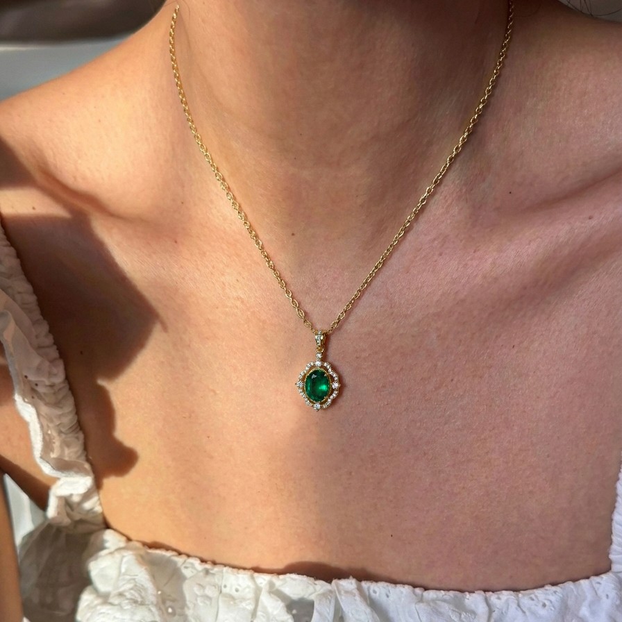 Oval Emerald Pendant Necklace, Green Emerald Halo Necklace, May Birthstone Gift