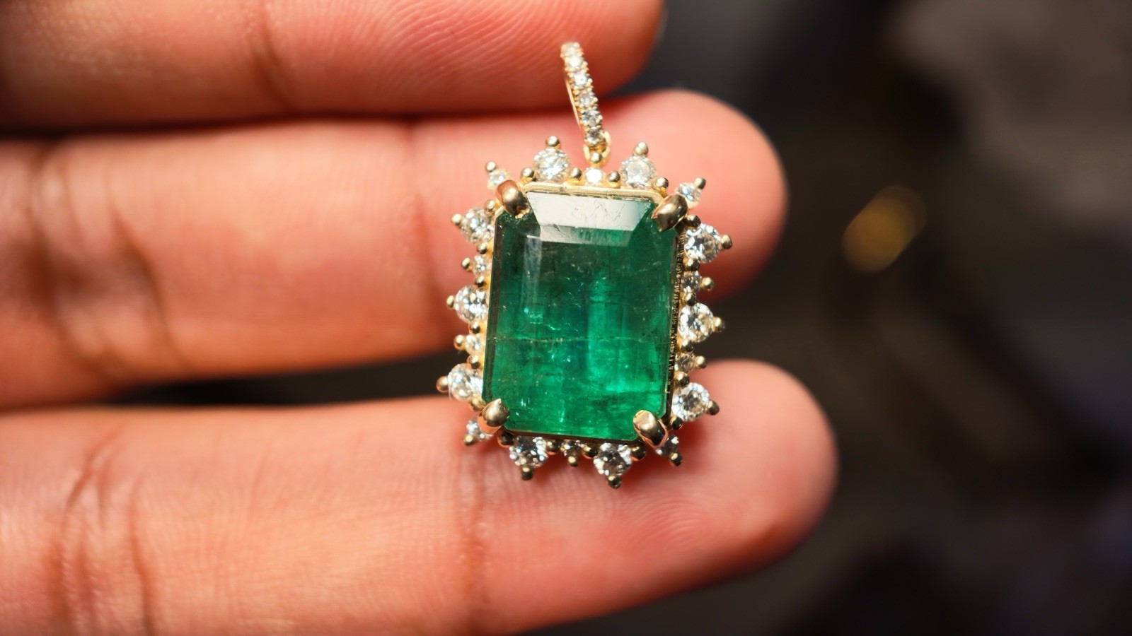 IGI Certified 10.17 Ct Natural Zambian Emerald 14K Gold Diamond Pendant