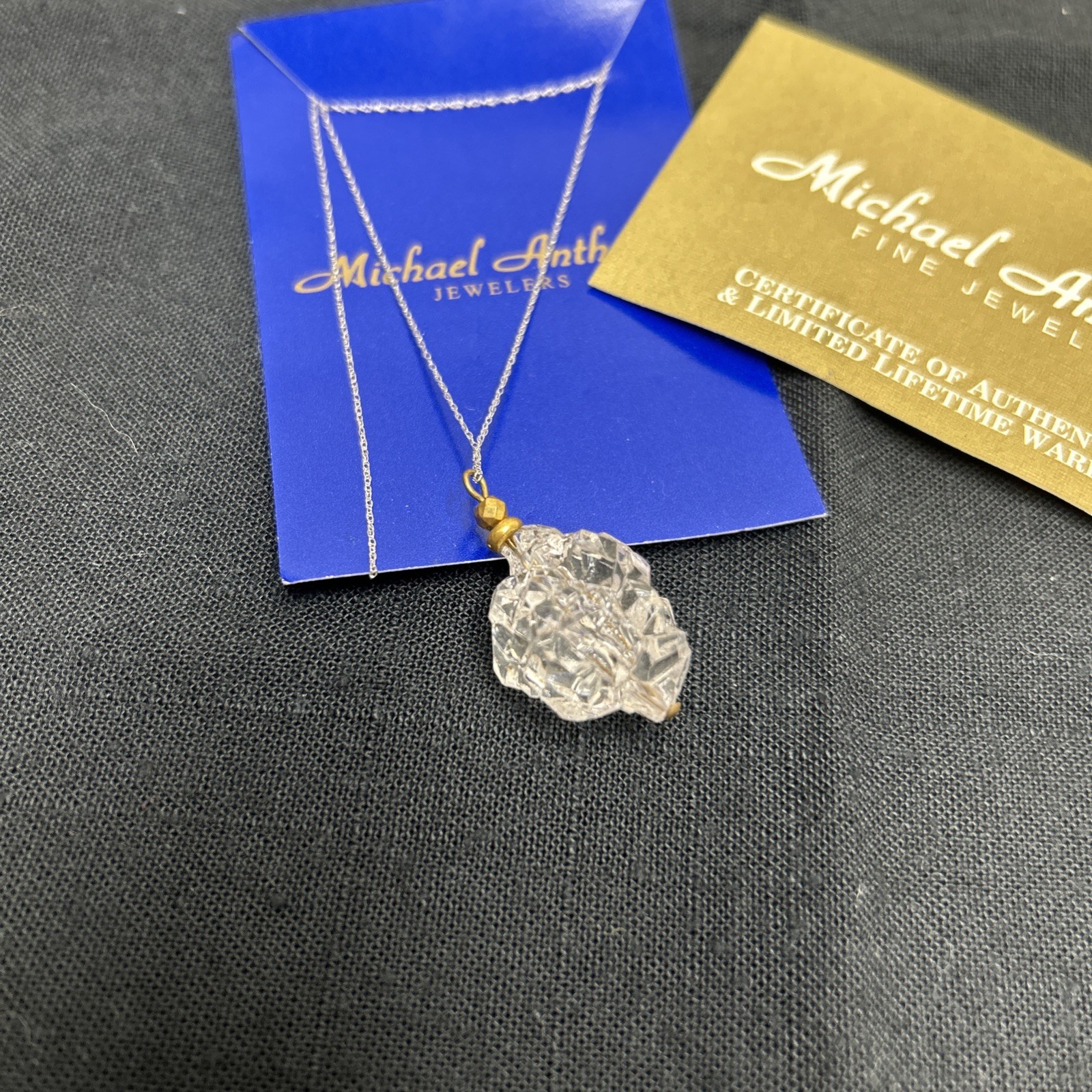 Vintage Michael Anthony Silver Chain With Odd Shape Clear Pendant 14k