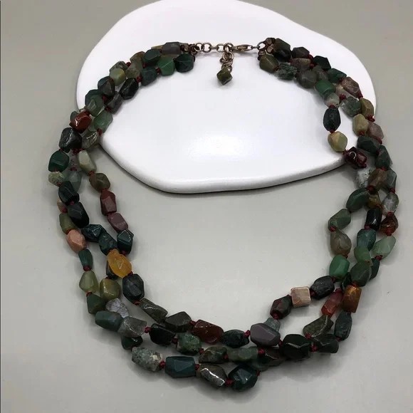 Triple layer layered stone gemstone necklace sterling silver 925 boho statement.