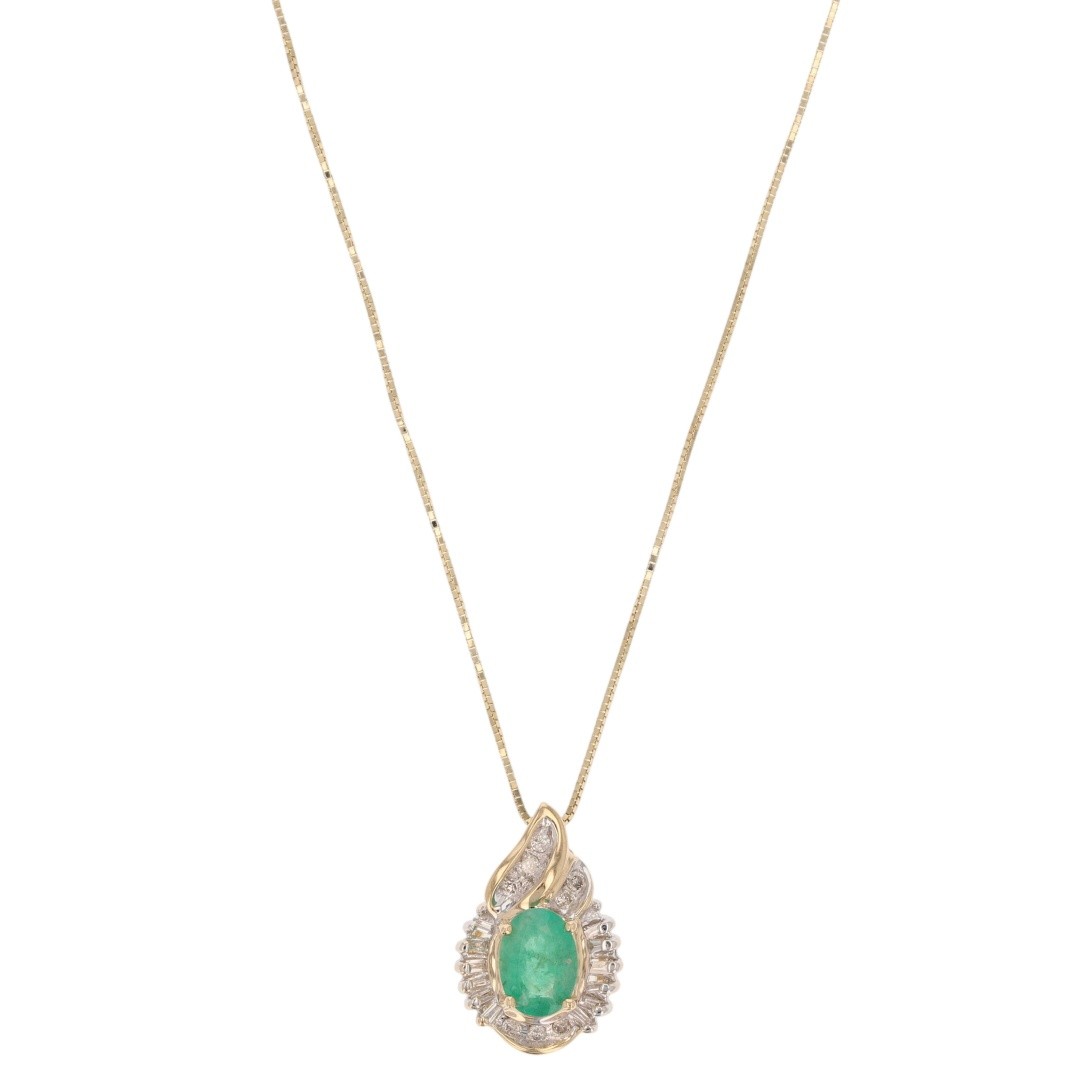 .75ctw Emerald & Diamond Halo Teardrop Pendant 18″ Necklace 14k Multi-Tone Gold
