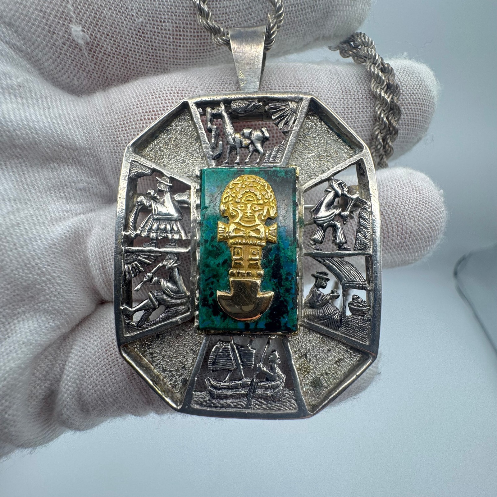 Sterling Silver, 18K Gold, Azurite Peruvian Necklace and Pendant