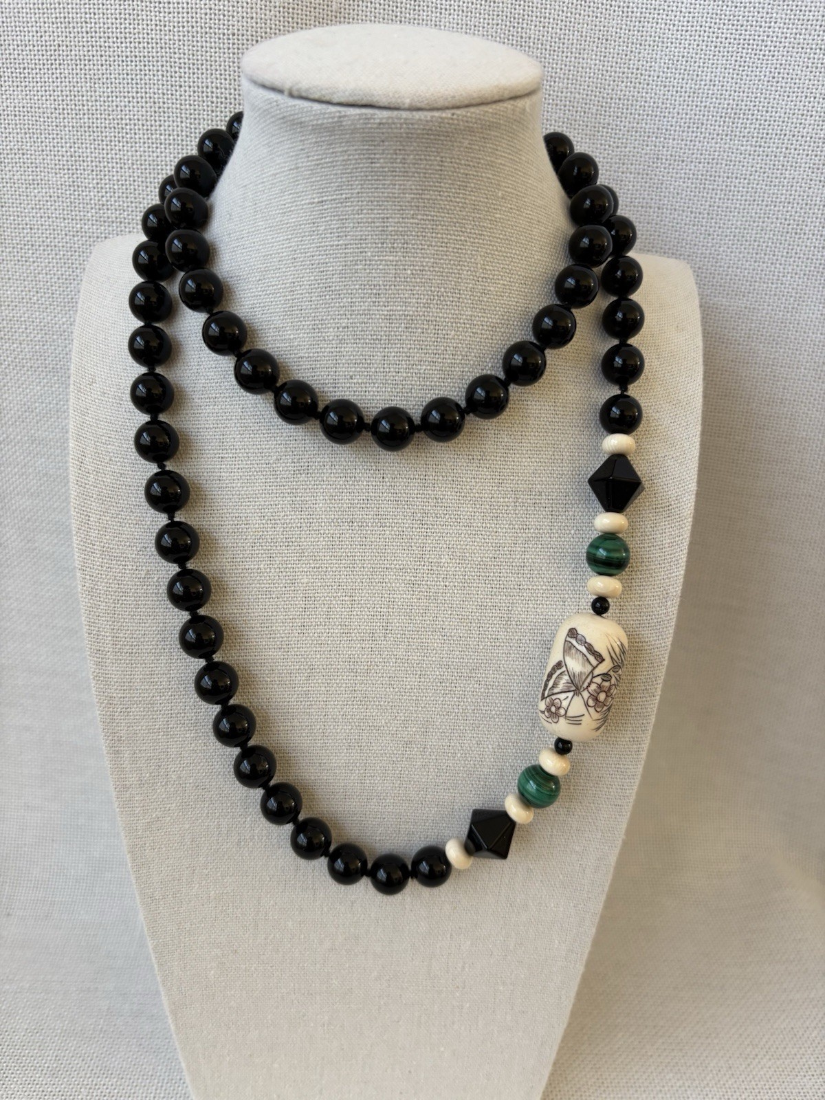 Vintage Chinese Beaded Onyx and Malachite 32 In Necklace with Butterfly Pendant