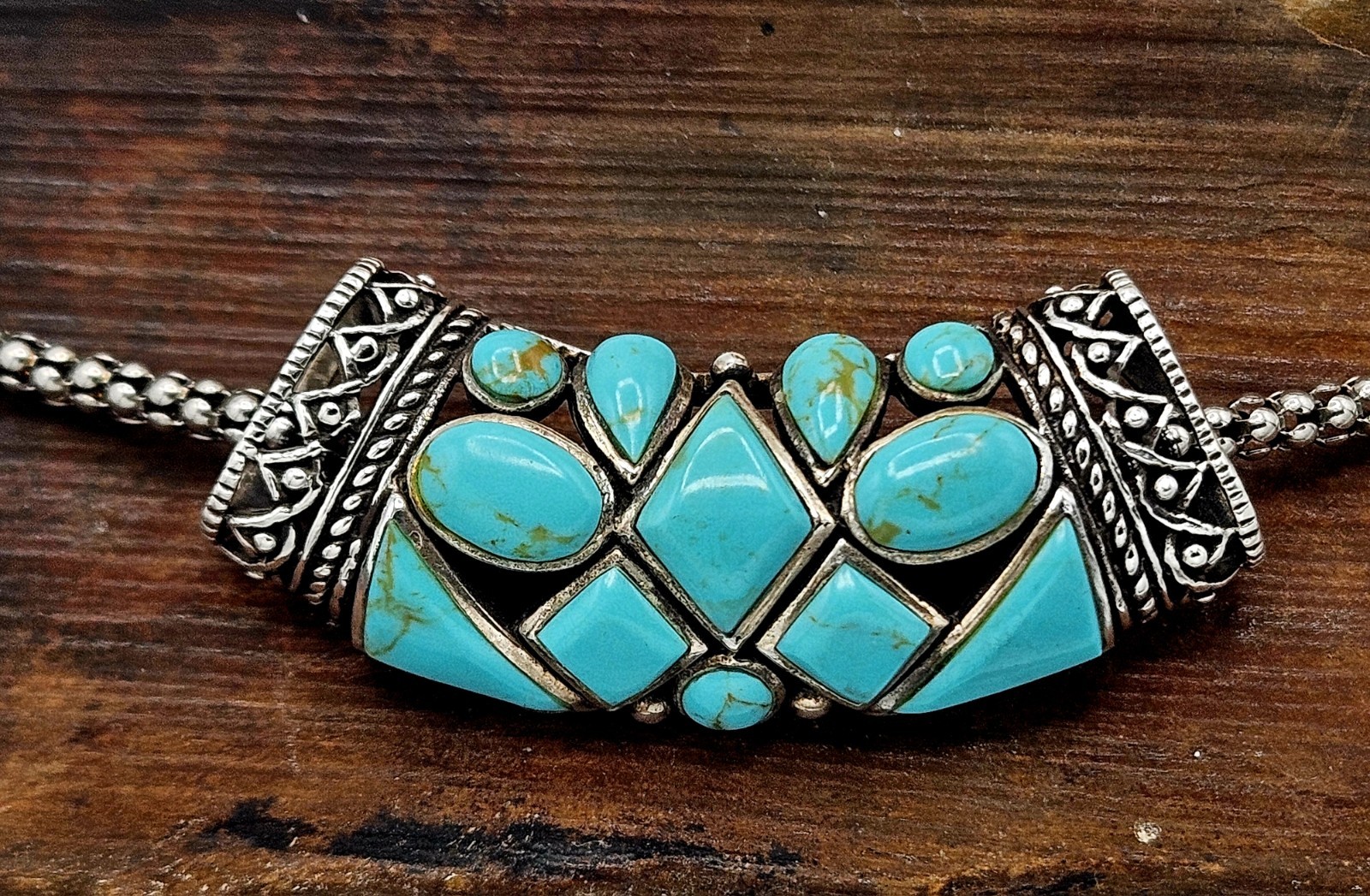 925 Sterling Silver Turquoise Slide Pendant Necklace Popcorn Chain 18″ 0085