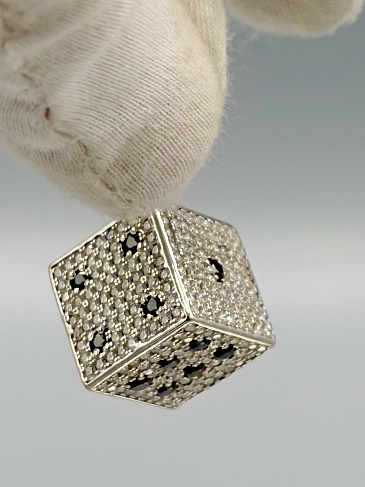 Solid 925 Sterling Silver 3D Dice Pendant with Moissanite Iced – 34.72 grams –