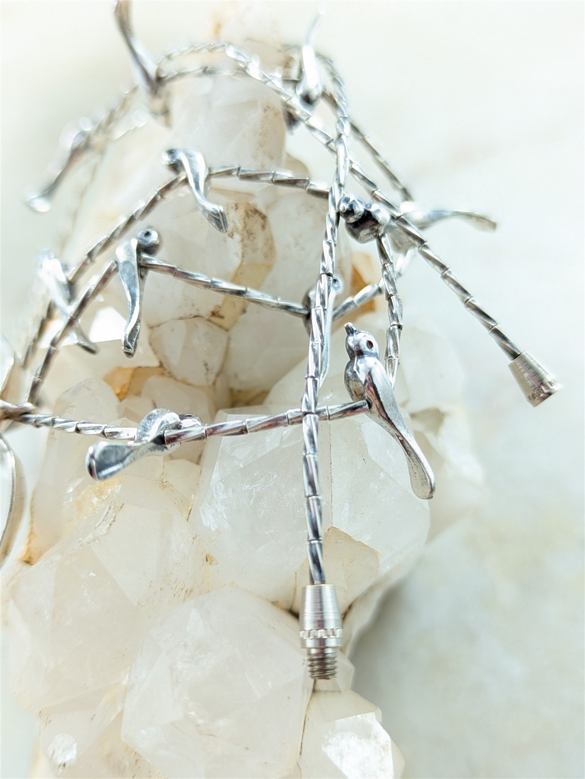 Vintage Solid Sterling Liquid Silver Fetish Beaded Bird Necklace 15.5 Grams