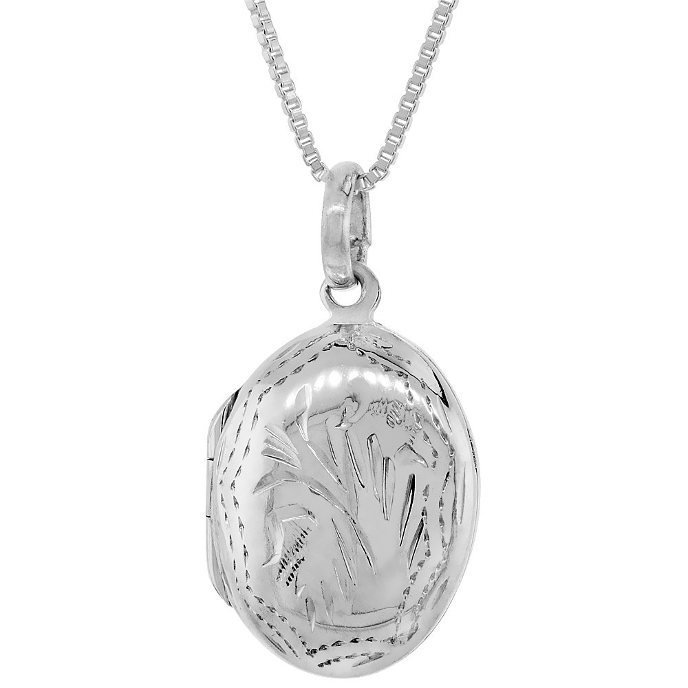 925 Sterling Silver Engraved Oval Locket Pendant 11/16 Inch (18mm) Tall