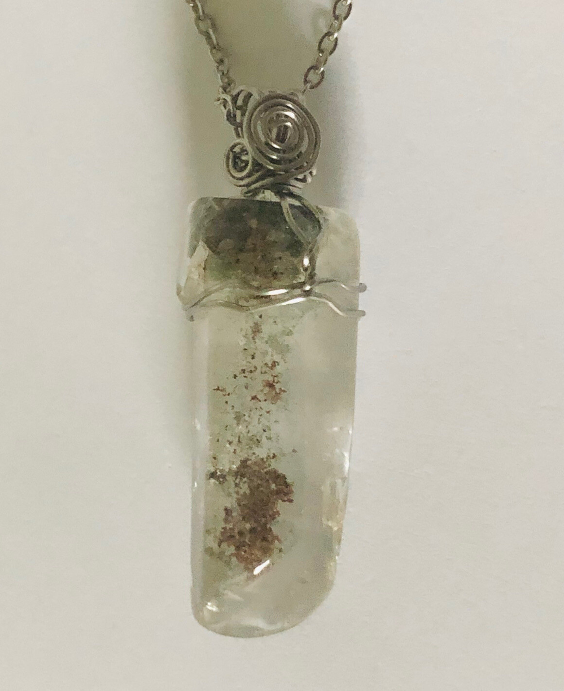 Green Phantom Quartz Crystal Point Wire Wrapped Pendant Necklace
