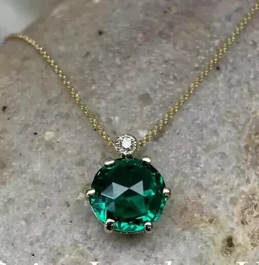 3Ct Round Cut Natural Green Emerald Solitaire Pendant 14k Yellow Gold Plated