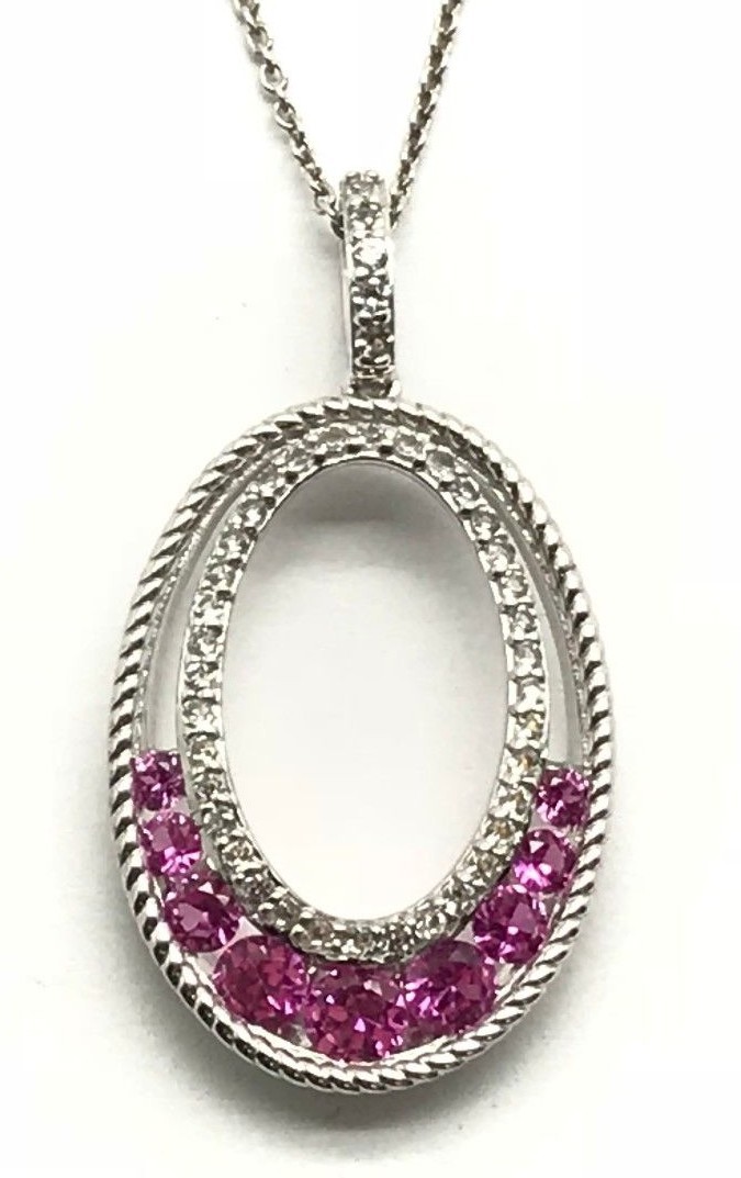 Sterling Silver Channel Set Pink Sapphire CZ Pave Oval Shape Cable Rope Necklace