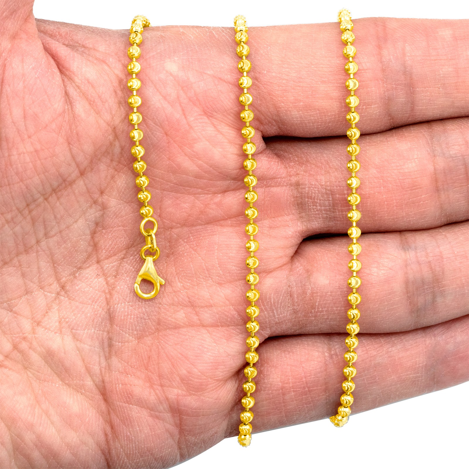 10K Yellow Gold Solid 2mm-4mm Moon Diamond Cut Ball Bead Chain Necklace 16″- 30″