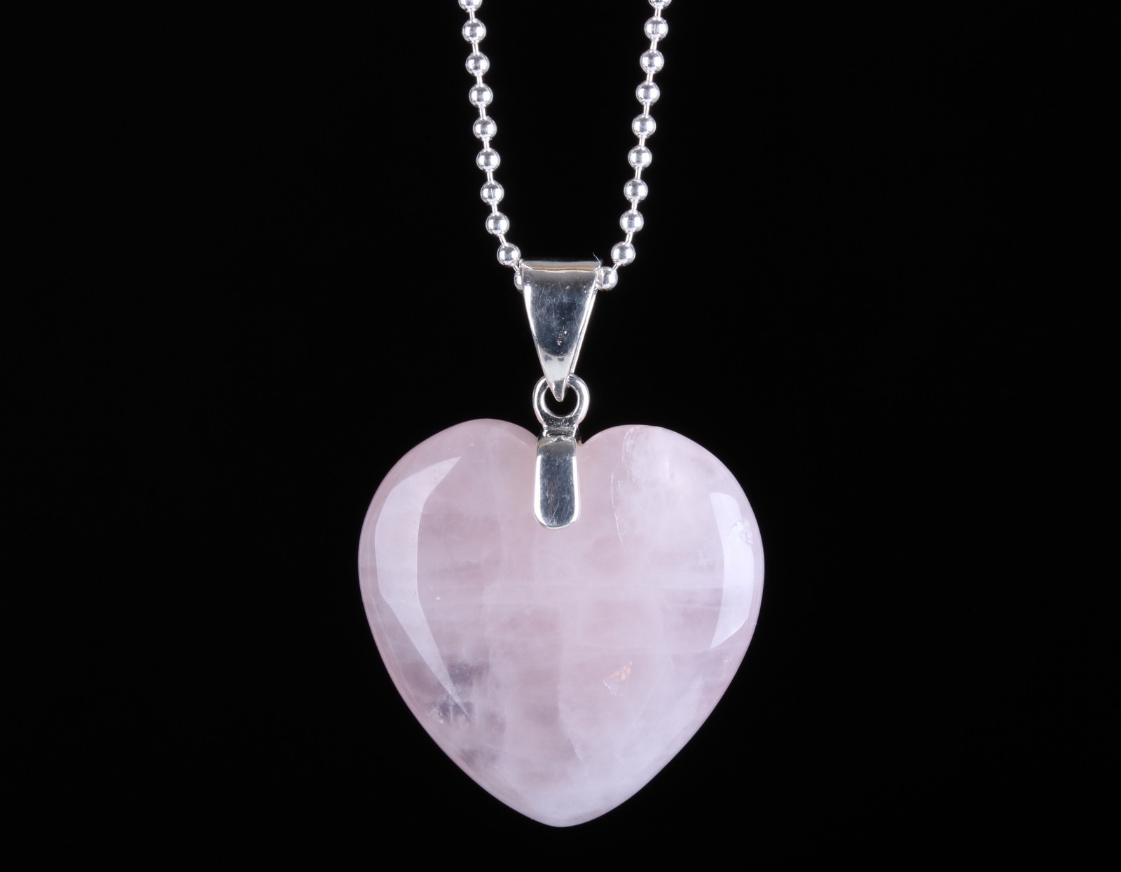 OPAQUE PINK QUARTZ HEART-SHAPED STONE WITH STERING SILVER AND BEADED CHAIN