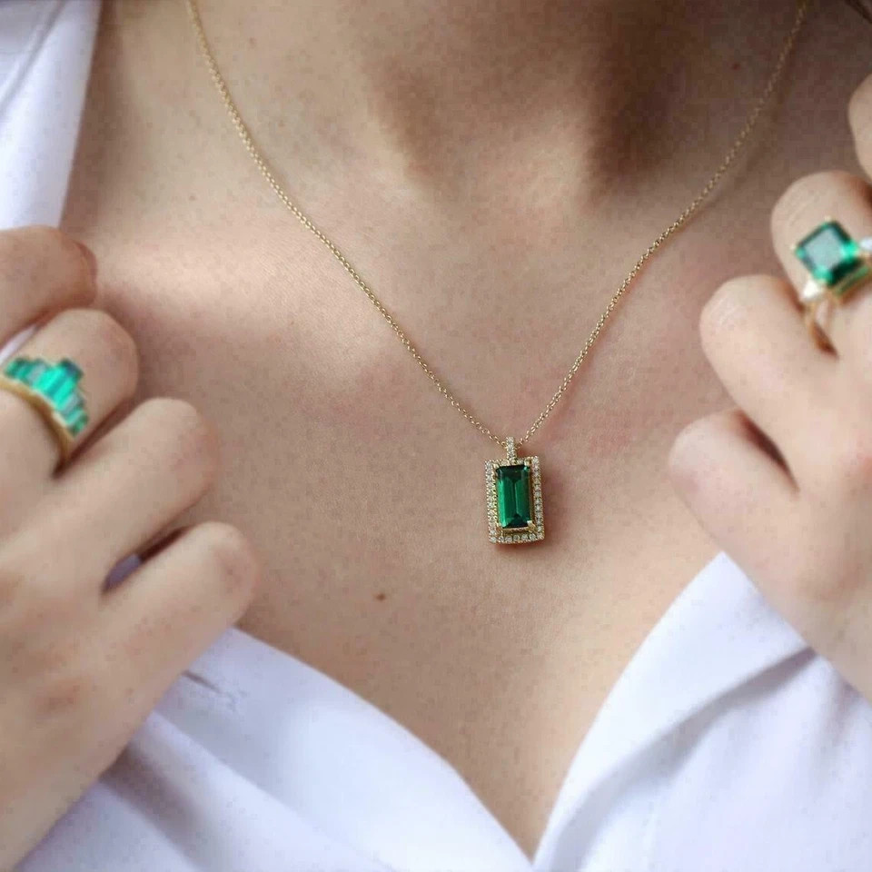 2CT Lab Created Emerald Pendant Necklace 14k Yellow Gold Finish “18 Free Chain