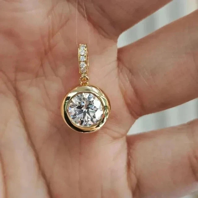 3CT Round Cut Lab Created Diamond Bezel Set Charm Pendant 14K Yellow Gold Plated