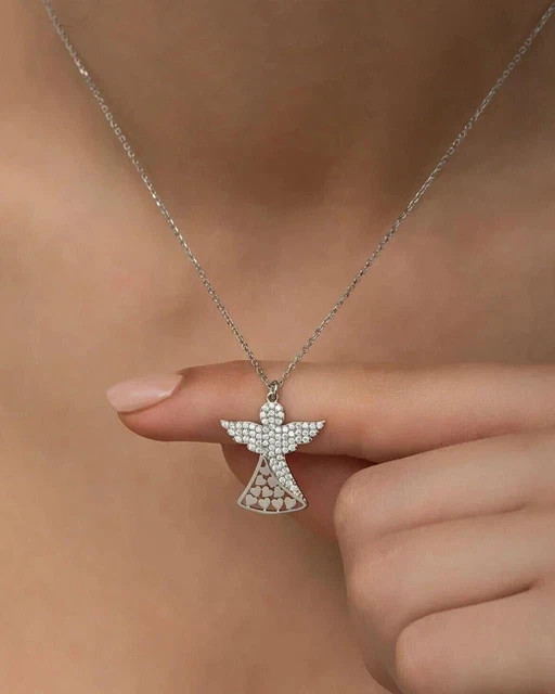 1.2 Ct Round Cut Real Moissanite Angel Wings Pendant 14K White Gold Plated