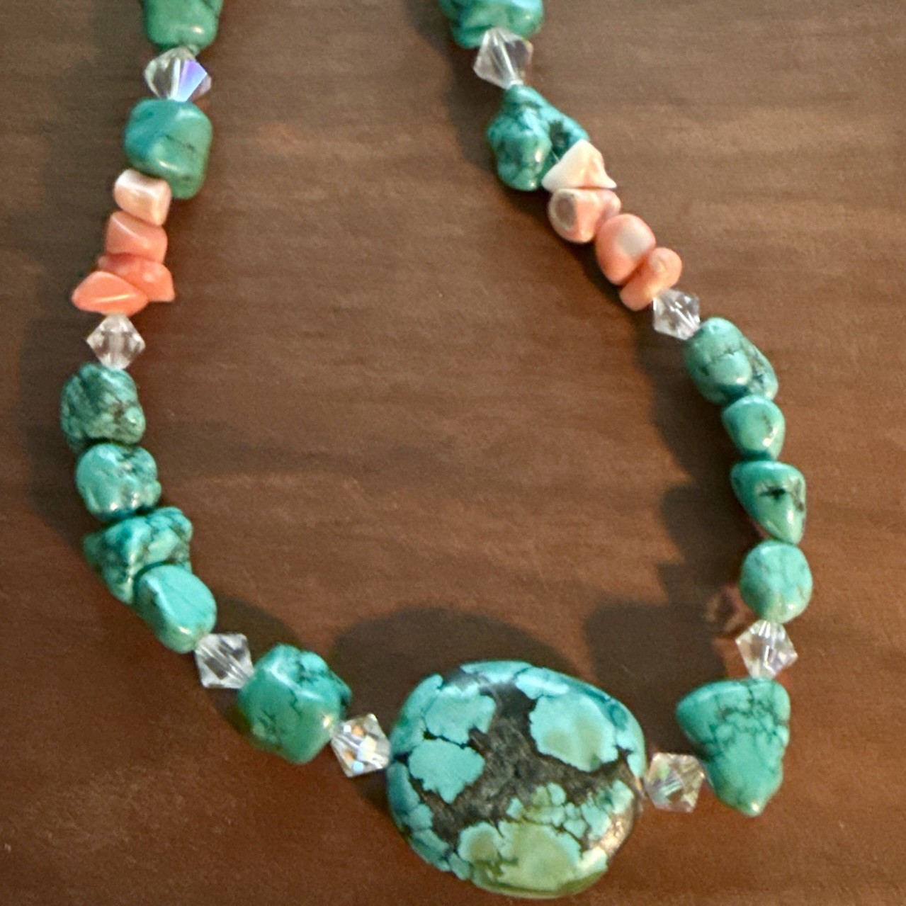 Amazing 24 Inch Green/Blue Turquoise and Rose Quartz Necklace Toggle Closure