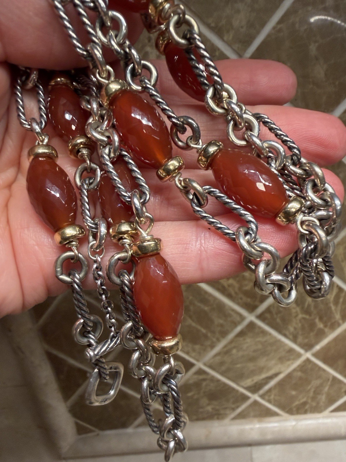David Yurman 925 Sterling Silver Carnelian Station 33in Figaro Toggle Necklace