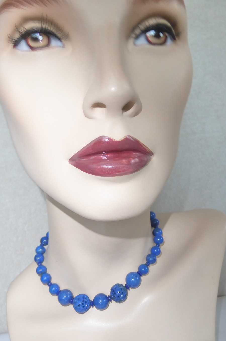 Carved Lapis Lazuli Bead Statement Necklace 15″ long 15mm & 9mm Round beads Asia