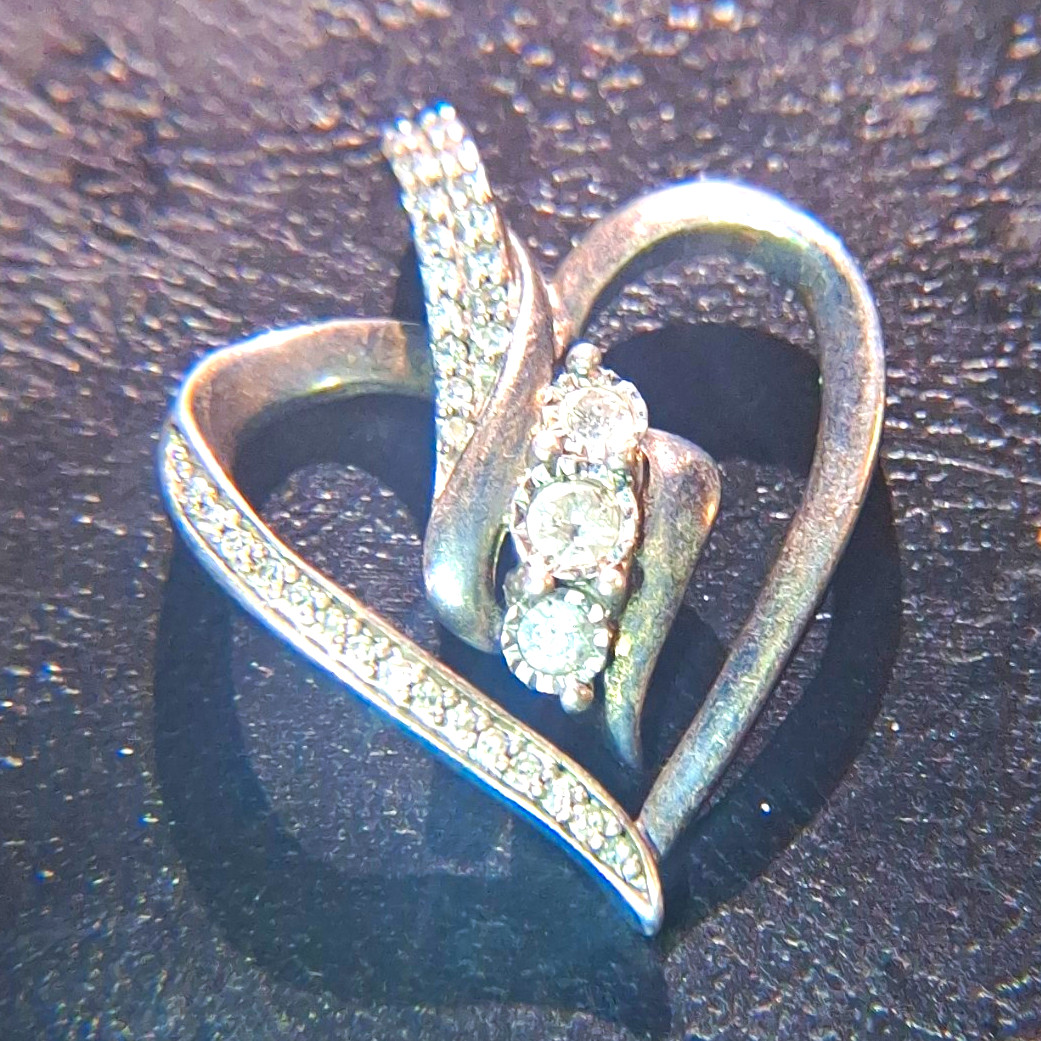 925 Sterling Silver Heart Pendant, Round White Diamond Accent, Signed Love
