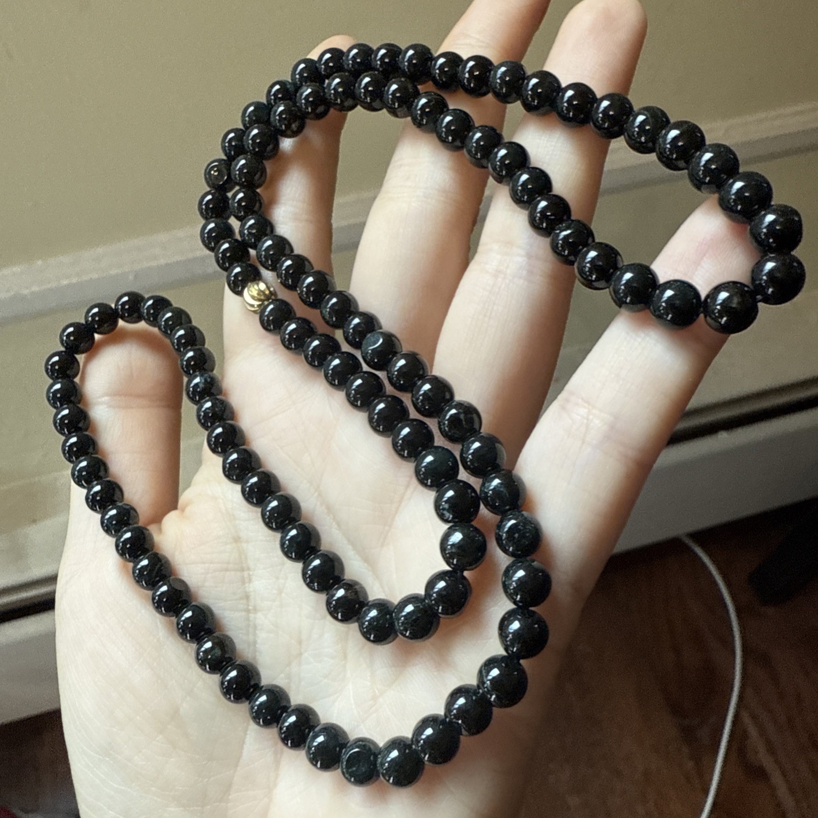 untreated Myanmar Grade A Black Jadeite Long Beaded Necklace 6.2 Mm 6 Mm