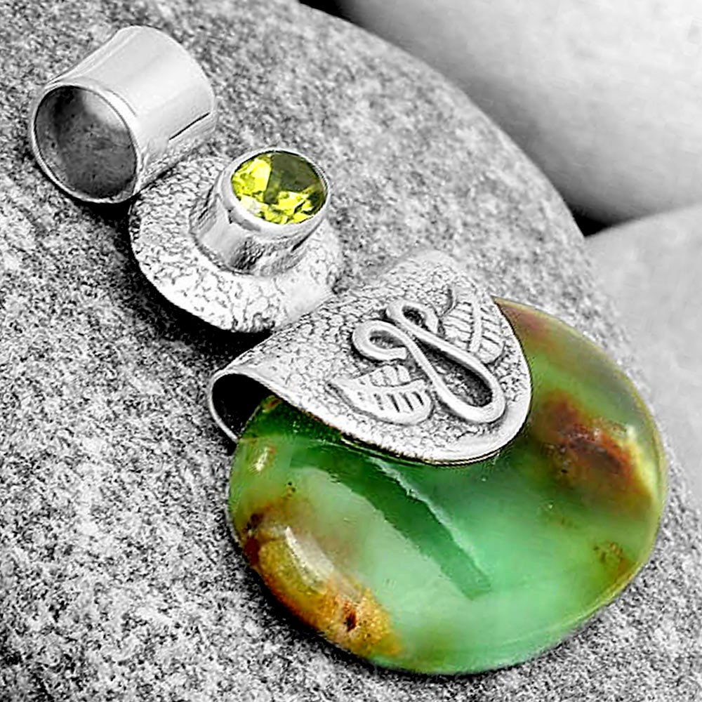 Natural Boulder Chrysoprase & Peridot 925 Sterling Silver Pendant Jewelry P-1545