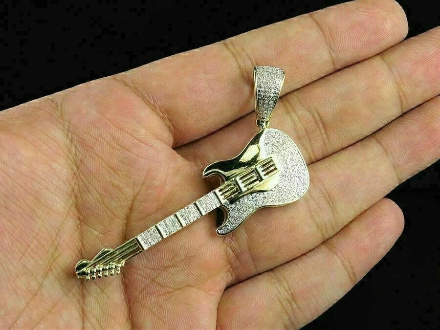 0.75Ct Round Lab Created Moissanite Guitar Charm Pendant 14K Yellow Gold Plated