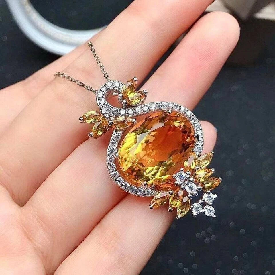3Ct Oval Simulated Citrine Designer Pendent 14K White Gold Finish