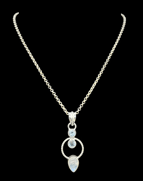 Rainbow Moonstone & Blue Topaz Pendant, Sterling Silver, June and December Birth