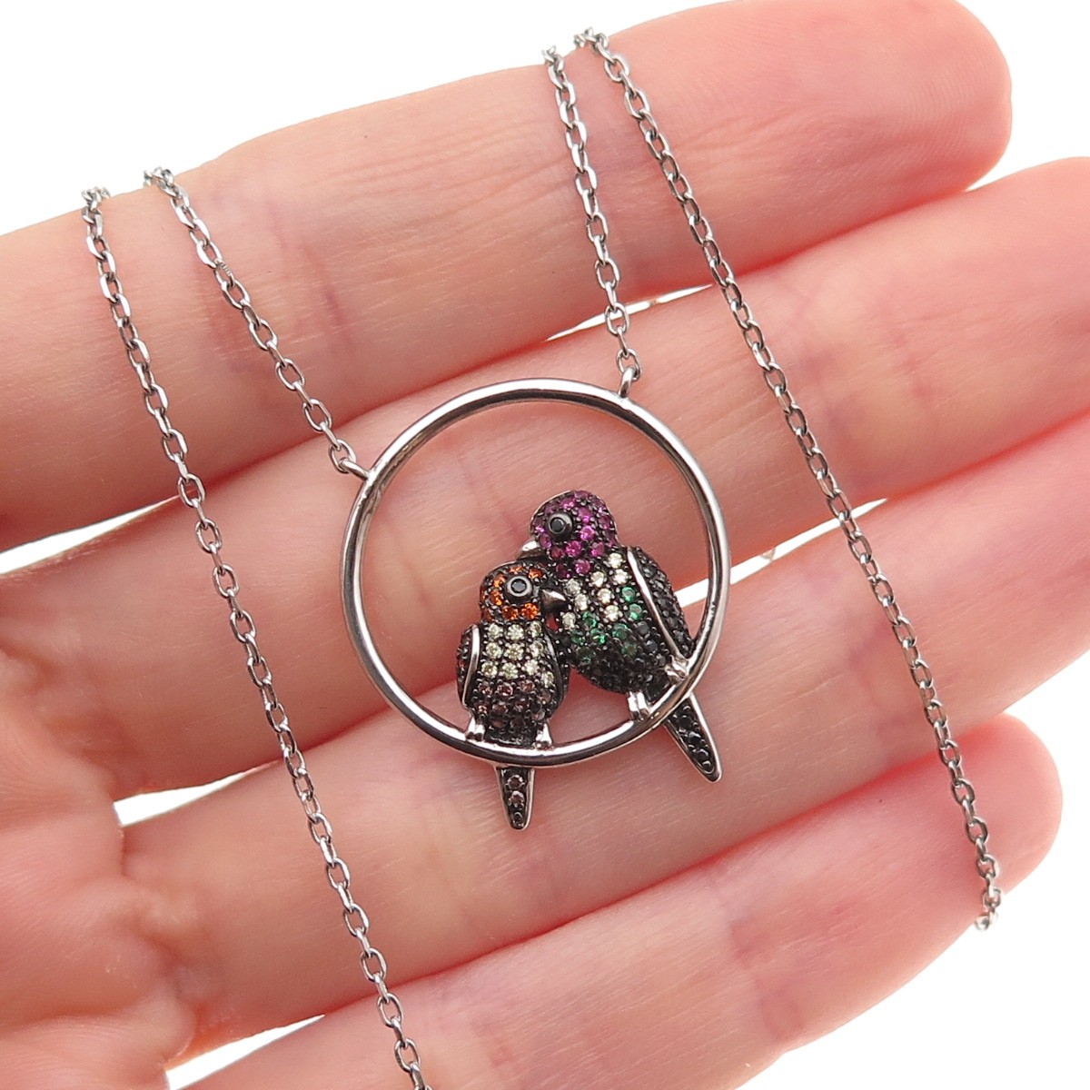 925 Sterling Real Round-Cut Multi-Color Gem Birds Cable Chain Necklace 16-18″