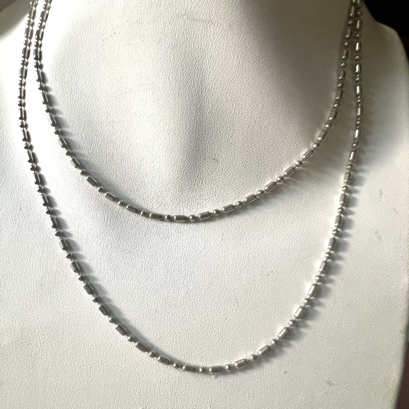 925 Sterling Silver Station Bead Necklace 30” Alternating Barrel Bead Chain 9g