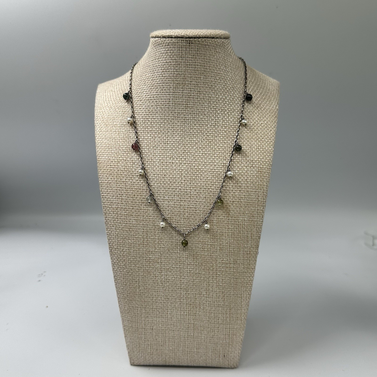 Sterling Silver Mixed Gemstone Pearl Station Necklace Dangling Multicolor Beads
