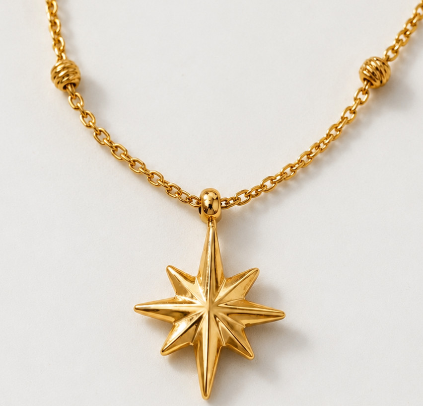 14K Solid Yellow Gold North Star Pendant Necklace Beaded Chain Fine Jewelry 18″