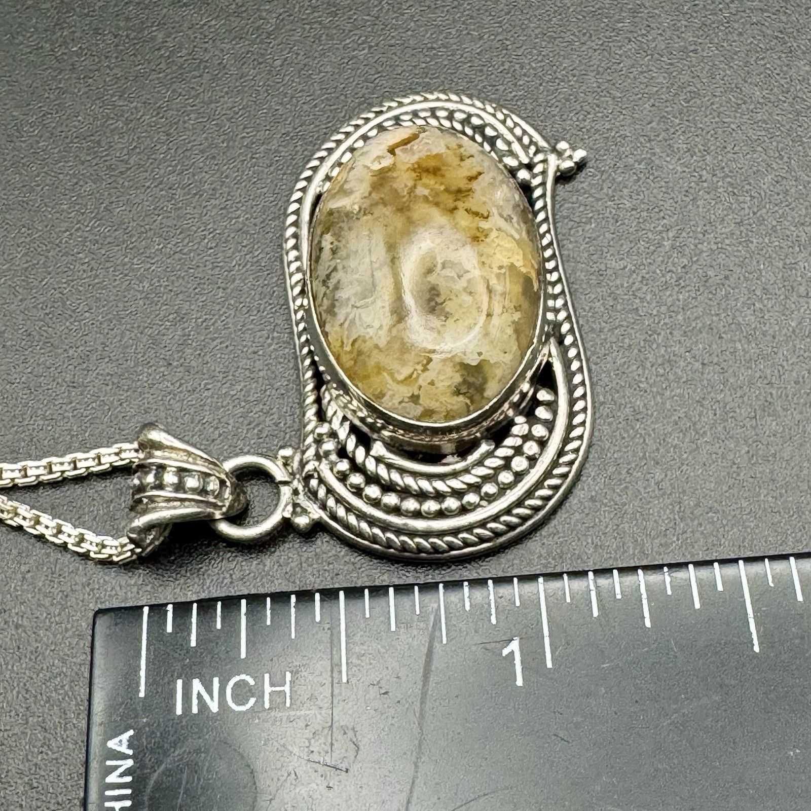 Bezel Set Jasper Cabochon Stone In Detailed Silver With 18in NB India Box Chain