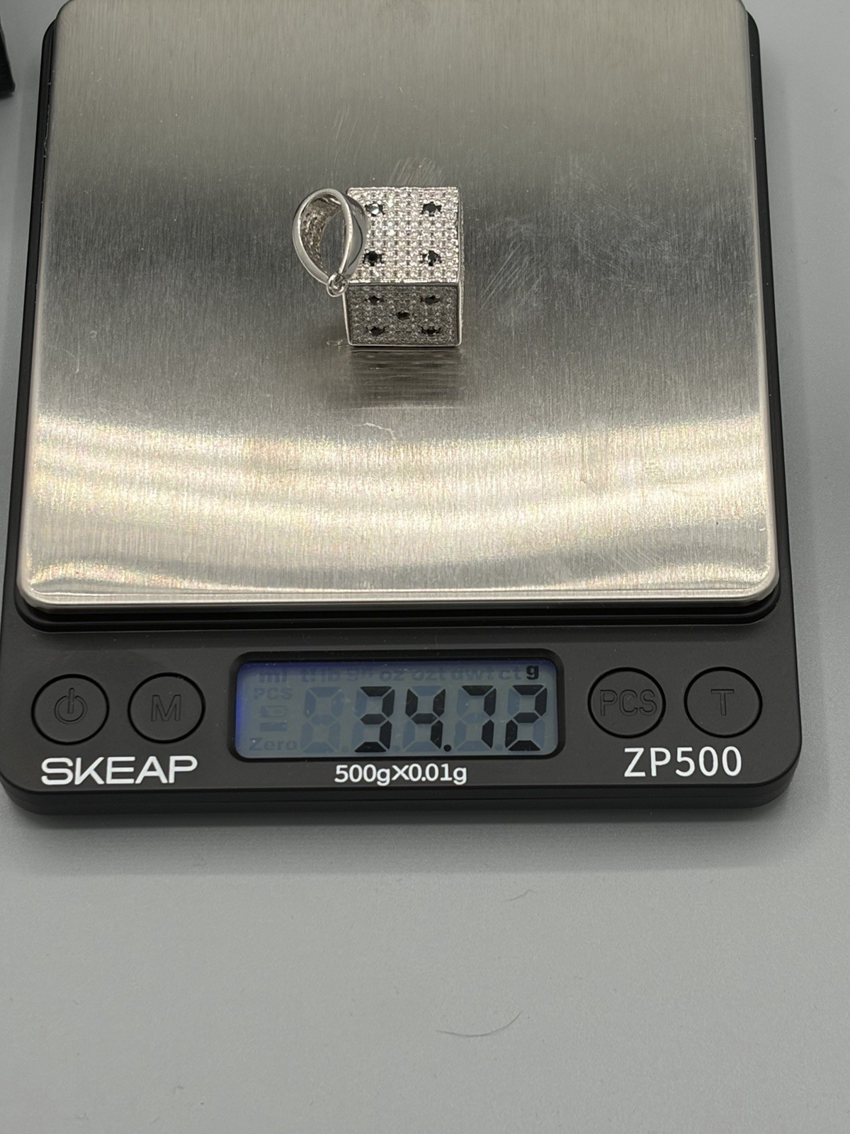 Solid 925 Sterling Silver 3D Dice Pendant with Moissanite Iced – 34.72 grams –